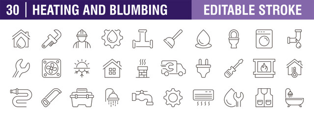 Collection of heating and plumbing icons. Water, pipes, drains, temperature. Vector design template, signs, symbols, editable stroke.