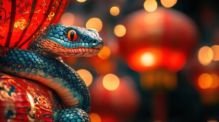 A Vibrant Green Snake With Striking Orange Eyes Is Perched On A Richly Decorated Red Lantern, Set Against A Backdrop Of Warm, Blurred Lights. The Scene Evokes A Sense Of Mystery And Exotic Beauty.