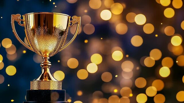 Golden trophy shimmering against a bokeh backdrop. Trophy symbolizes achievement and success. A celebration of excellence is depicted here subtly. The golden hues underscore an atmosphere of victory.