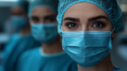 Confident female surgeon in surgical mask and cap.