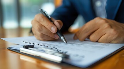 A businessperson reviewing a contract with a pen in hand and a calculator nearby. --ar 16:9 --v 6 Job ID: ca242df9-5e97-4cee-b24b-a8022f2baea8