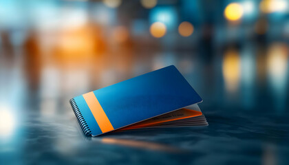 A modern blue business card resting on a reflective surface, with a soft bokeh background creating a professional vibe.