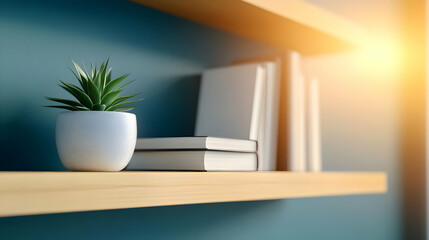 A modern bookshelf featuring a small potted plant and neatly stacked books, creating a cozy and inviting atmosphere.