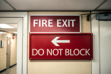 A red sign indicating a fire exit with an arrow pointing left and a warning not to block the exit.