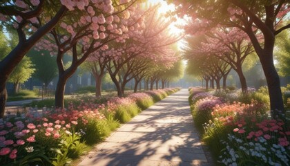 Naklejka premium Flower-lined walkway surrounded by blooming trees and sunlight filters , garden pathway, serene, garden