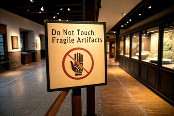 A sign in a museum warns visitors not to touch fragile artifacts, featuring a hand symbol with a circle and line through it.