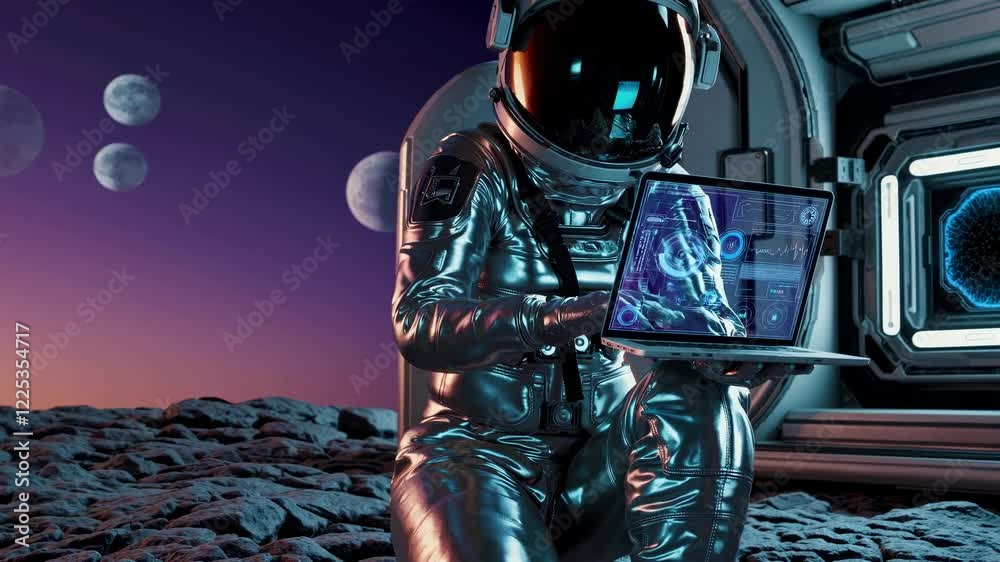 Poster Exploring alien worlds with technology on a distant planet during golden hour