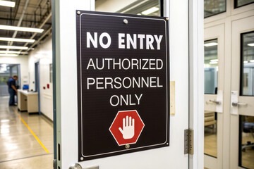 A warning sign indicating restricted access, stating "No Entry" for unauthorized personnel, featuring a hand symbol and a stop sign.