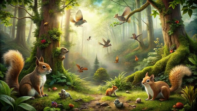 Fototapeta Forest creatures such as squirrels and birds amidst the trees, bird, bushlife, tree habitat