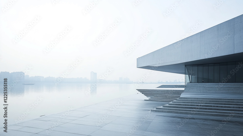 Poster modern architectural building with sleek lines and large glass windows by the water, surrounded by a
