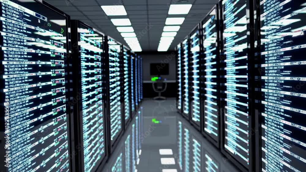 Poster data center tour showcasing server racks, high-tech infrastructure, and network operations at a mode