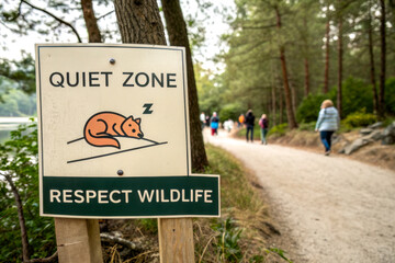 A peaceful nature scene featuring a sign indicating a quiet zone for wildlife protection, with people walking along a path in a wooded area.