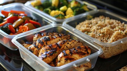 Capture a clean meal-prep setup with grilled chicken, steamed vegetables, and brown rice, neatly packed in eco-friendly containers.