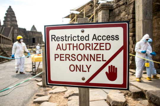 A sign indicating restricted access for authorized personnel only, with workers in protective gear visible in the background.