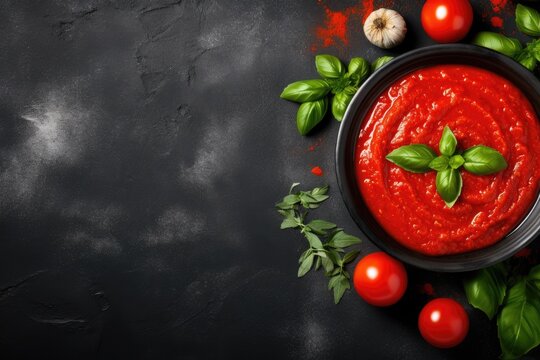 Italian style tomato sauce in black bowl on dark surface top view copy space