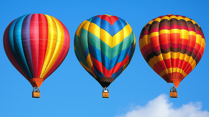 Naklejka premium Colorful hot air balloons soaring against clear blue sky create vibrant scene filled with joy and adventure. balloons showcase variety of patterns and colors, enhancing beauty of day