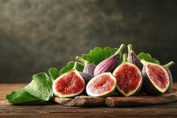 A tasty fig packed with organic vitamins and superfood benefits. Fresh figs on a wooden surface with green leaves around them.