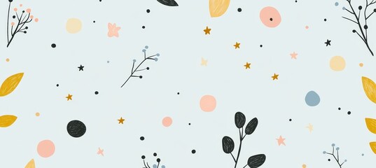 Pastel Blue Seamless Pattern With Hand Drawn Leaves, Stars, Flowers, And Dots. Minimalist Design.