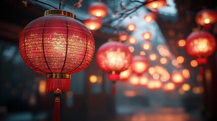 Red Lanterns Illuminated At Night, Hanging From Branches, Creating A Warm And Festive Atmosphere. Perfect For A Chinese New Year Celebration.