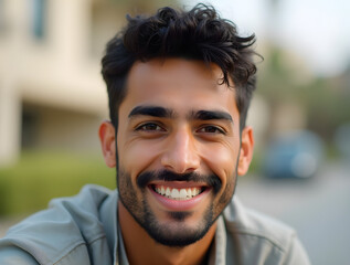 Obraz premium Close-Up of a Young Middle Eastern Man with a Trimmed Beard Smiling in Soft Outdoor Light