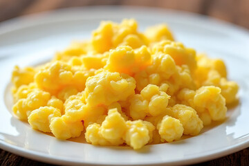 plate of fluffy scrambled eggs served on white dish, showcasing vibrant yellow color and soft texture