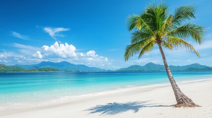 Fototapeta premium Serene tropical beach with a palm tree, clear blue waters, distant mountains, and fluffy clouds