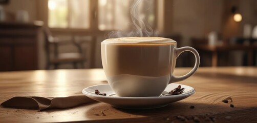 Obraz premium Freshly brewed coffee in a large mug with steaming hot latte, hot drink, mug, beverage