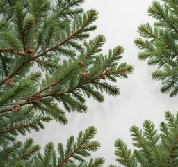 Fresh spruce branches arranged artfully on a plain white surface , natural elements, simple decor