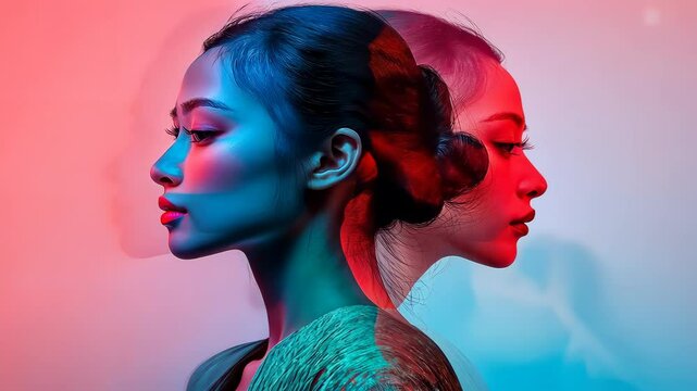 Asian women profiled against vibrant colors. Faces overlap artistically in surreal fashion. Dual portraits convey emotional depth. Artistic representation melds two identities. Atmosphere rife with