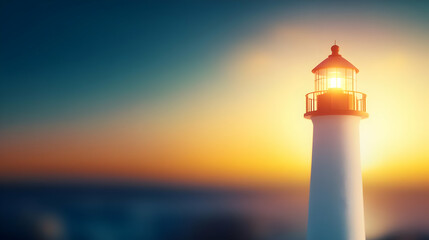 A picturesque lighthouse illuminating the tranquil ocean at sunset, symbolizing guidance and serene coastal beauty.