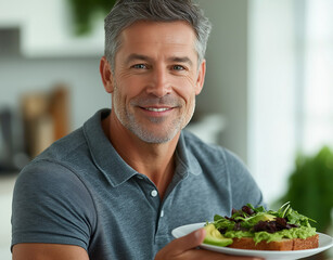A photograph of a handsome man in his late thirties with short gray hair and a light beard, casually enjoying avocado toast at home while wearing an athletic polo shirt.
