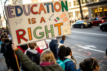 A group of protesters holding a colorful sign that reads "Education is a Right," advocating for educational rights on a city street.