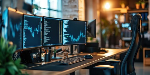 A modern trading desk setup with multiple monitors.