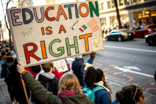 A group of protesters holding a colorful sign that reads "Education is a Right," advocating for educational rights on a city street.