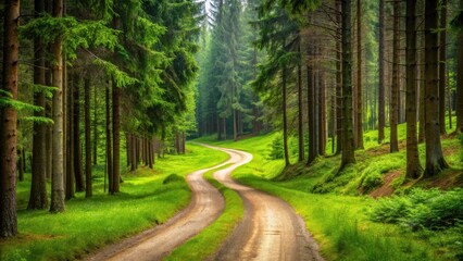 Fototapeta premium Serene Winding Forest Road Through Lush Green Canopy