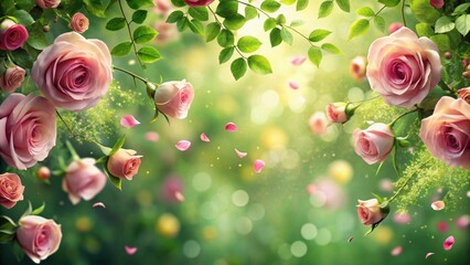 Softly glowing rose petals cascade down a lush greenery backdrop, creating a romantic ambiance with intricate details , floral design, flower wall