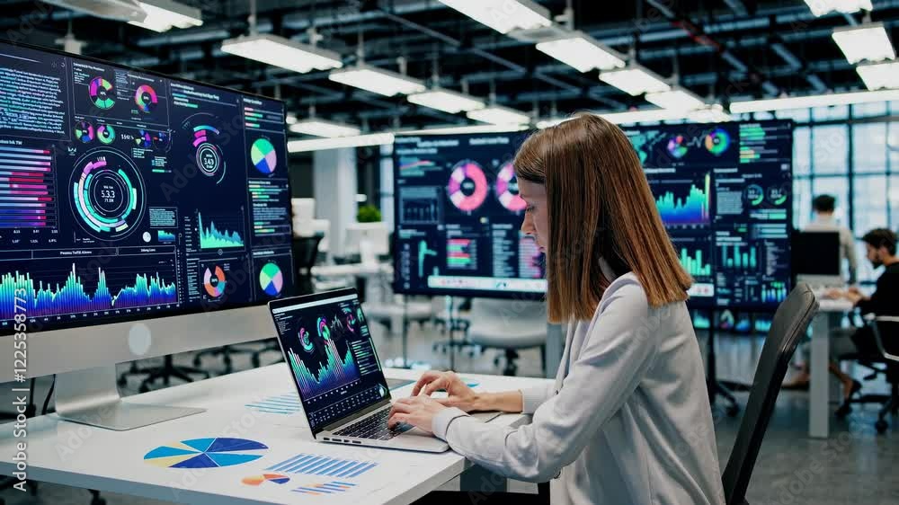 Poster Data analysis session in a modern workspace with multiple screens displaying insights