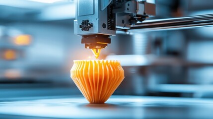 Close up View of 3D Printer Producing Vibrant Orange Prototype