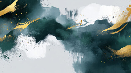 A bold abstract artwork, featuring harmonious waves of forest green, gold accents
