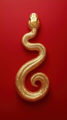 Obraz premium A Golden Snake, Coiled Elegantly, Stands Out Against A Vibrant Red Backdrop. The Image Is Minimalist And Symbolic, Possibly Representing The Chinese Zodiac Sign Of The Snake Or Wealth And Prosperity.