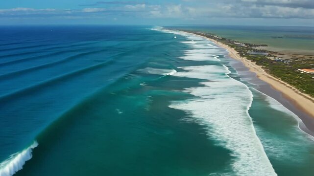 Zoom out to showcase a broad aerial perspective where waves form parallel lines rolling toward the beach, creating a mesmerizing visual effect
