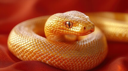 Fototapeta premium A Golden Snake, Coiled On A Red Background, Looks Intensely At The Viewer. The Image Is Detailed And Has A Luxurious Feel.