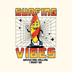 Obraz premium Surfing Vibes retro funny cartoon surf board print graphic t shirt design