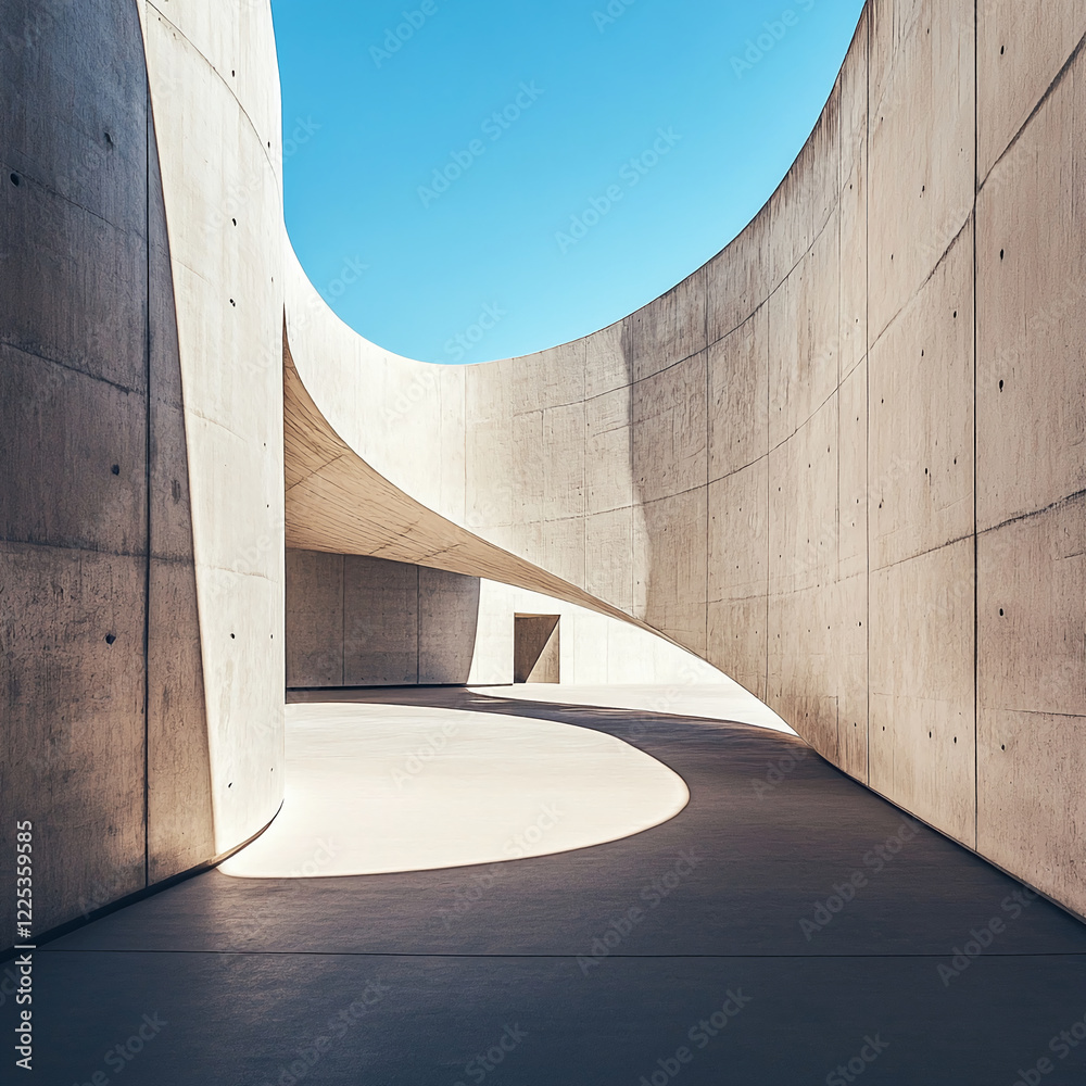 Poster modern concrete architectural structure with curved walls under a clear blue sky, showcasing abstrac