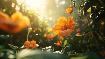 Vibrant Orange Flower Blooming in Lush Green Garden Under Warm Sunlight