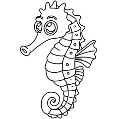 Coloring book page for adult. Underwater seabed with algae and corals, line art design and fish.