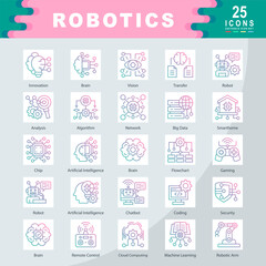 Fototapeta premium Robotics icon set containing Innovation, Brain, Vision, Robot, Analysis, Algorithm, Network, Big Data, Chip, Coding, Artificial Intelligence icon. Simple line vector