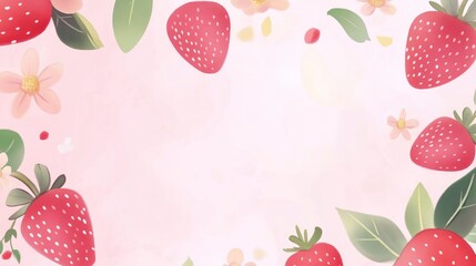 Pink background with a small strawberry and flower pattern border, flat illustration style, cute and dreamy