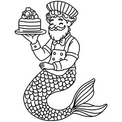 native american indian cook. Coloring book page for adult. Underwater seabed with algae and corals, line art design and fish.