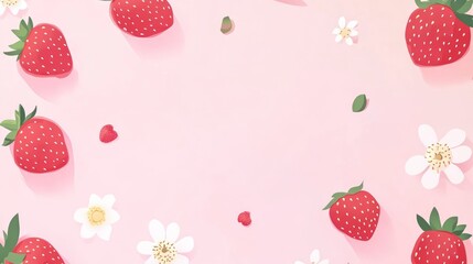 Pink background with a small strawberry and flower pattern border, flat illustration style, cute and dreamy